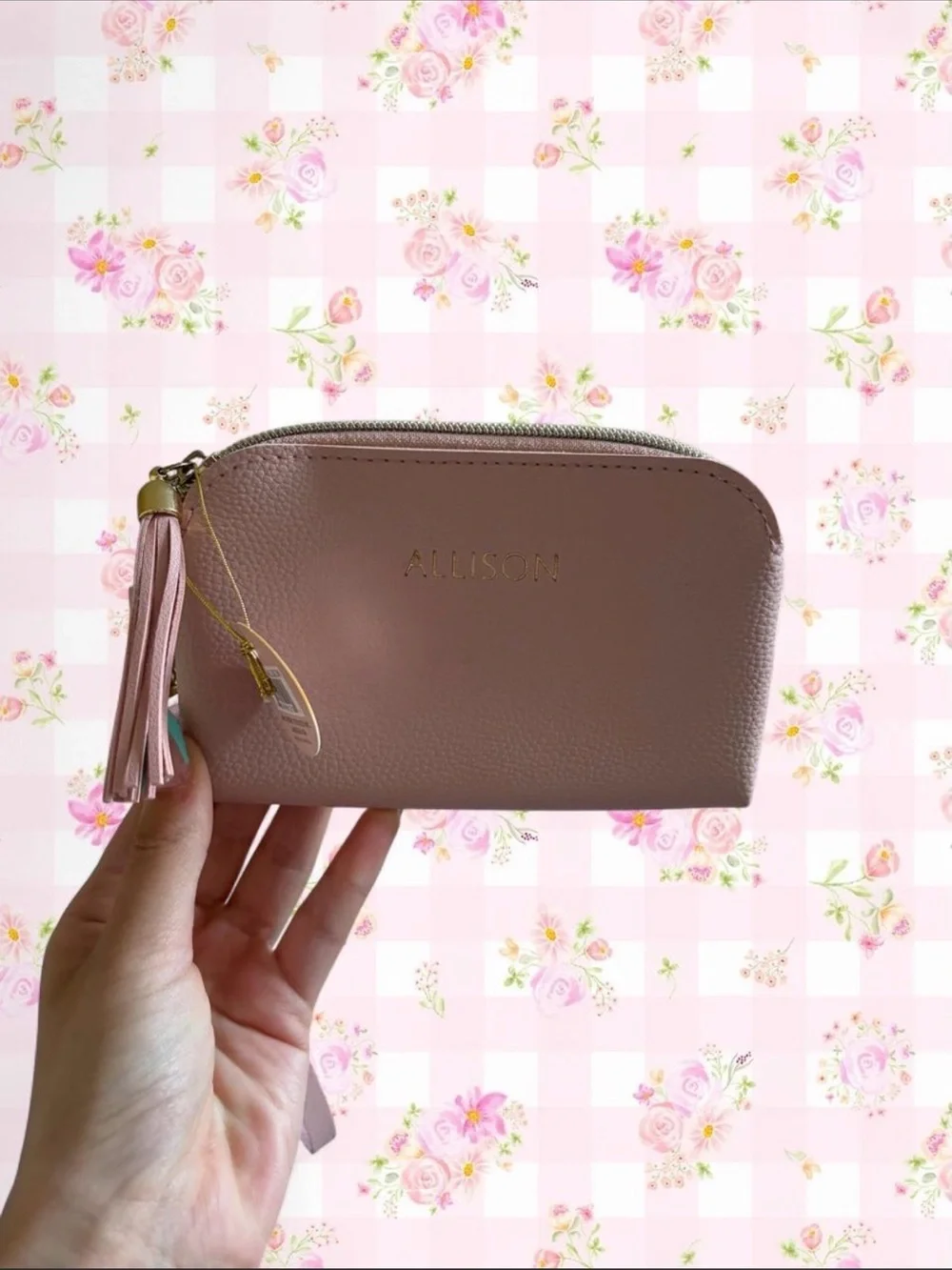 Pink Leather Tassel Cosmetic Pouch with the name allison in gold